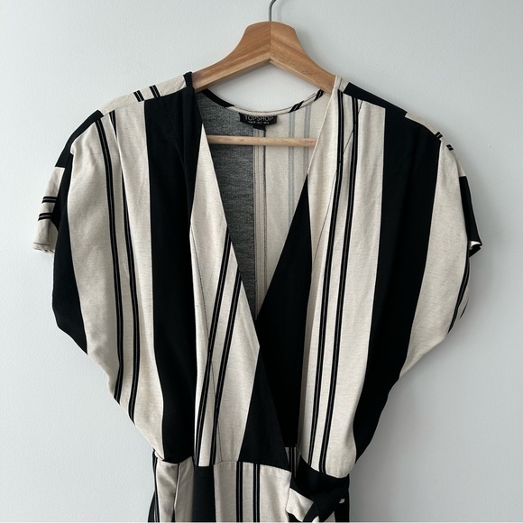 TOPSHOP Linen Blend Striped Wrap Midi Dress Size 2 Black & Off-White - Picture 3 of 6